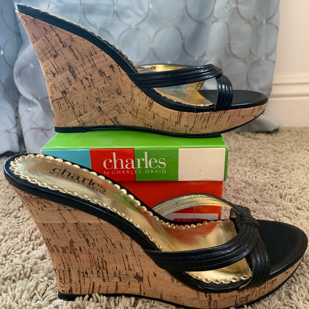 Charles by Charles David Black Leather Wedges